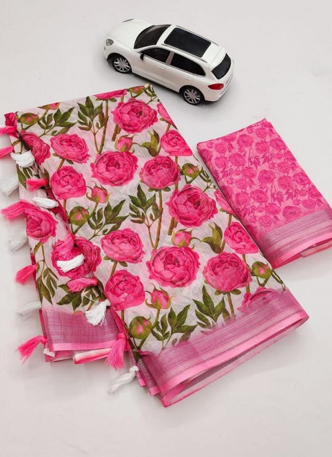 Linen Pink Casual Wear Digital Printed Saree